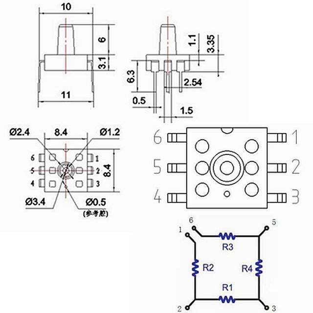 Luchtdruk sensor 0-40kPa DIP-6 (MPS20N0040D-D) afmetingen